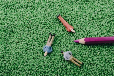 Yeşil kumdaki insan modeli ve kalemin minicik biblosu