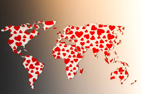 Mapa do mundo aproximadamente delineado com recheios de formas de coração — Fotografia de Stock