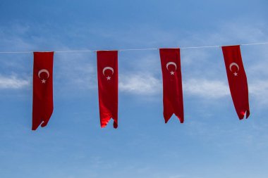 Gökyüzünde beyaz yıldız ve ay olan Türk ulusal bayrakları