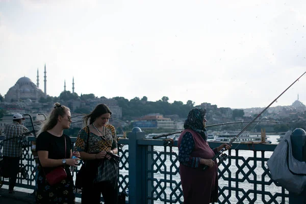 Old Woman Fishing Galata Bridge Favorite Destination Golden Horn — стокове фото