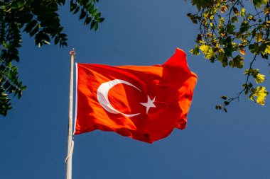 Gökyüzünde beyaz yıldız ve ay bulunan Türk ulusal bayrağı