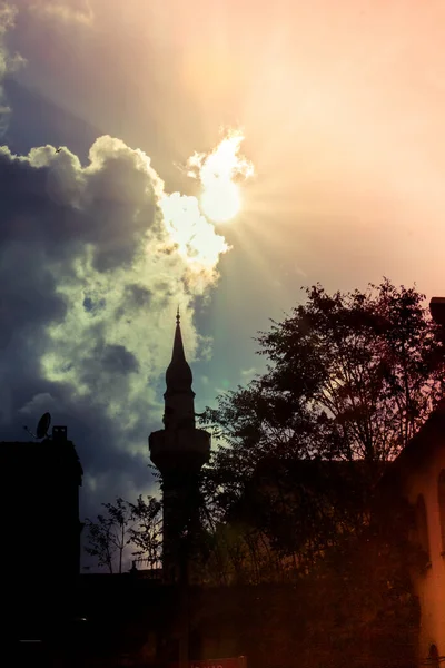 Minaret Muslimské Mešity Náboženství Islám Cestovní Ruch Pojmy — Stock fotografie