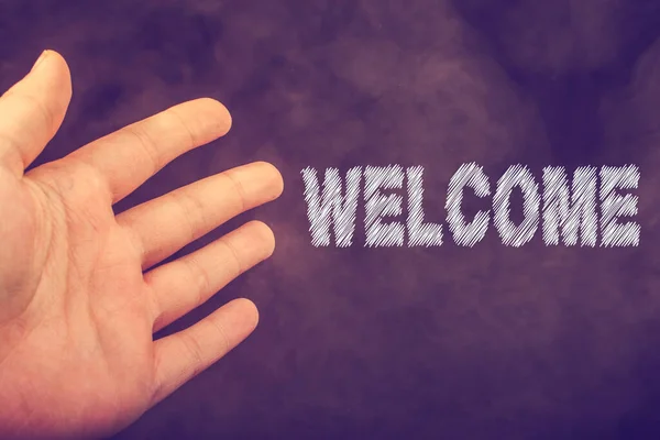 Hand Making Welcome Gesture Dark Background — Stock Photo, Image