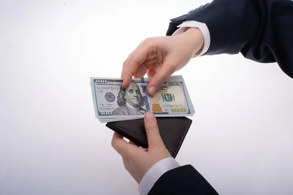 白い背景にドル紙幣と財布を持つビジネスマン — ストック写真