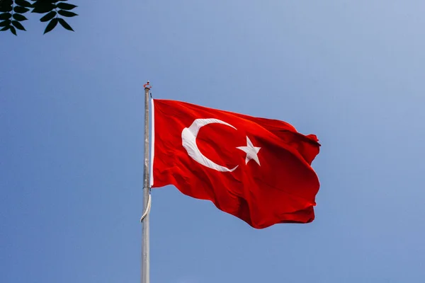 Turkish National Flag White Star Moon Pole Sky — Stock Photo, Image