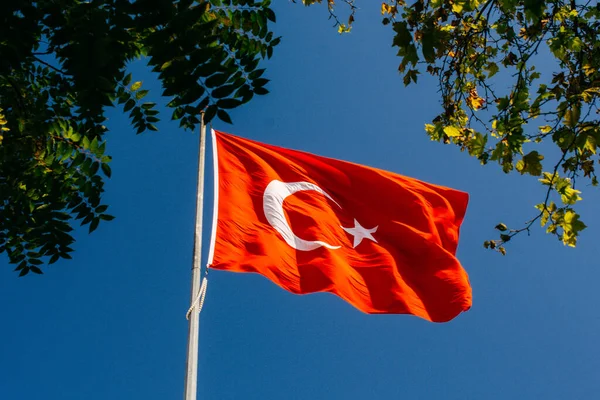 Turkish National Flag White Star Moon Pole Sky — Stock Photo, Image