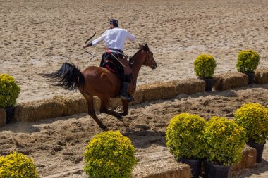 Osmanlı okçusu ata biner ve at sırtında ateş eder.