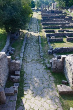 Altilia arkeolojik alanı: Roma yollarının tipik asfaltlı caddesi. Sepino, Molise, İtalya.