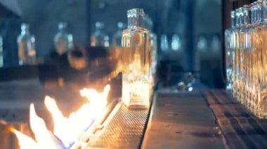 Bir satır cam şişe konveyör ve fabrika basın tarafından dikkatle kaldırılmakta boyunca hareket ediyor