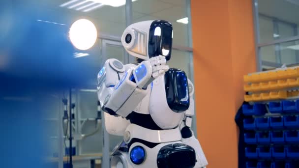 Roboter bewegt Arm nach oben, legt ihn dann ab. — Stockvideo