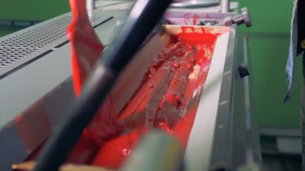 Ein Arbeiter legt helle Farbe in eine spezielle Maschine, Nahaufnahme. — Stockvideo