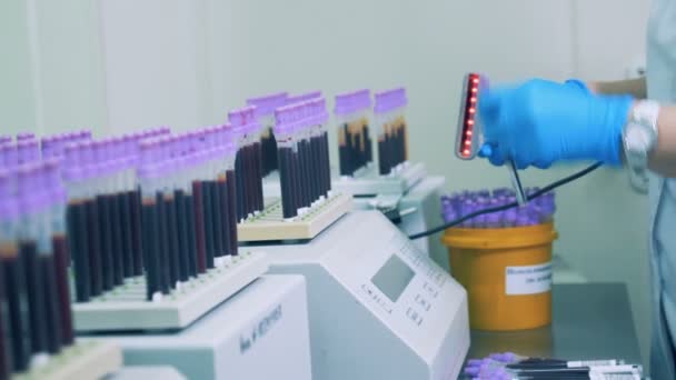 A woman scans bar codes on blood samples, close up. Laboratory worker uses special device to scan barcodes. — Stock Video