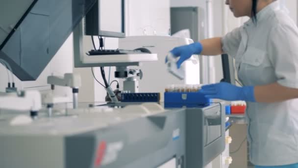 Jonge vrouwelijke wetenschapper neemt rack met buizen van een centrifuge en verplaats het naar de tabel. — Stockvideo