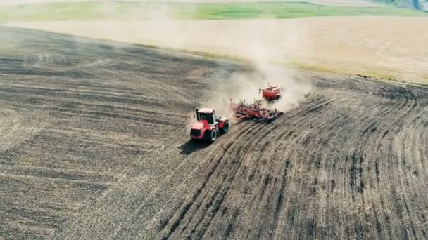 I semenzali vengono seminati da un motore di campo in vista dall'alto — Video Stock