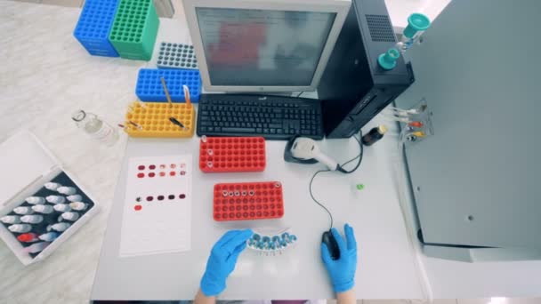 One scientist scans blood tubes on a table, top view. — Stock Video