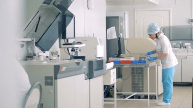 Eczane laboratuvar mühendisi Plastik tüpler bir raf yerleştirir..