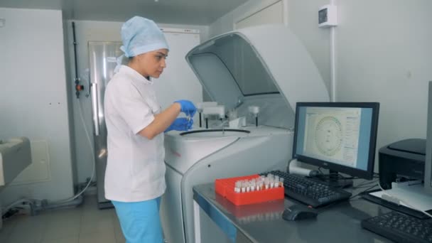 A woman puts blood samples on a rack. Nurse works with blood samples, checking information in a computer. — Stock Video