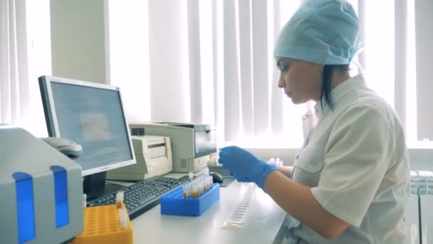 La trabajadora coloca tubos con sangre en un estante especial de un laboratorio. 4K . — Vídeo de stock