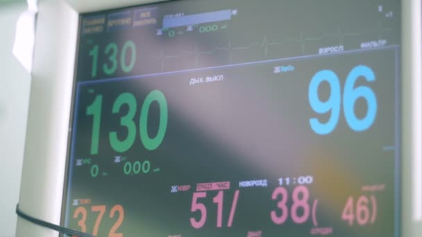 Monitoraggio medico in una clinica, da vicino. I monitor speciali mostrano frequenza cardiaca e battito cardiaco . — Video Stock