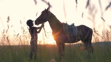 Atını günbatımı bir arka plan üzerinde kadınla.
