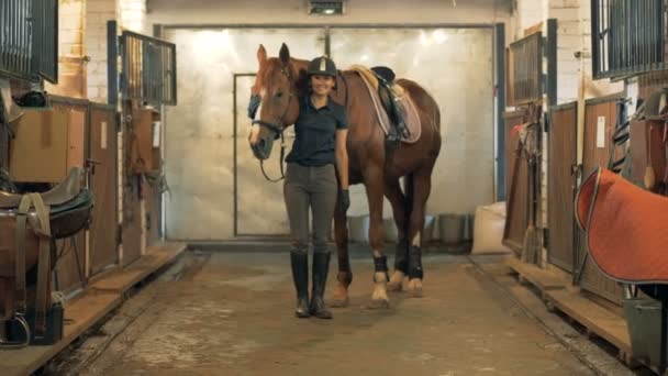 Lächelt eine Frau in die Kamera. eine Reiterin lächelt in die Kamera, während sie ihr Pferd tätschelt. — Stockvideo