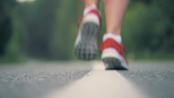 Primer plano de la superficie de las carreteras con pies femeninos corriendo en zapatillas de deporte — Vídeos de Stock
