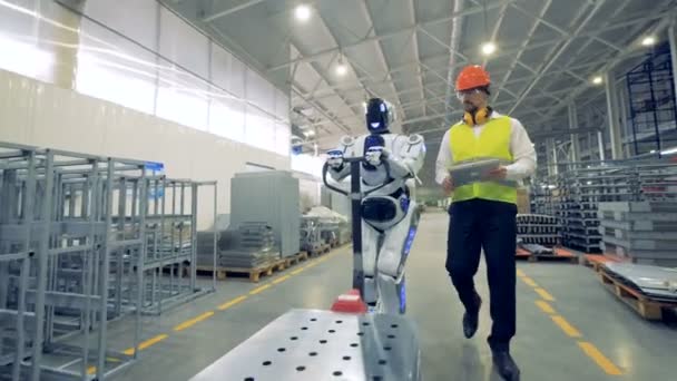 En robot arbetar på ett lager med en mänsklig, nära upp. — Stockvideo
