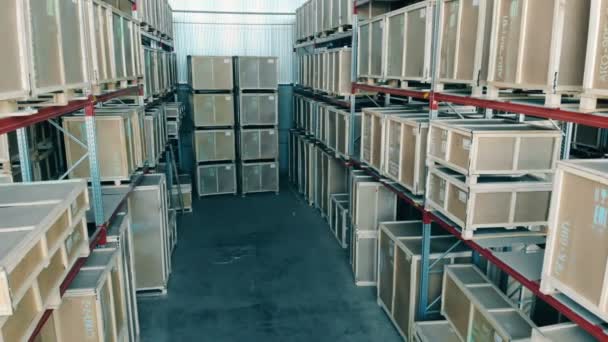 Boxes stored in rows, close up. — Stock Video