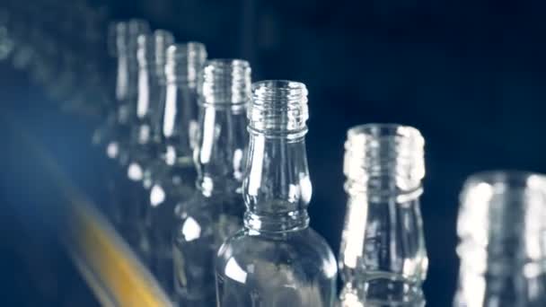 Vele flessen verplaatsen in rij, close-up. — Stockvideo