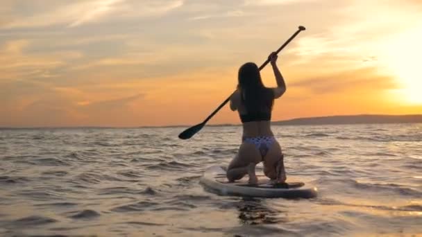 Una chica surfea en una tabla especial en el agua, vista trasera . — Vídeos de Stock