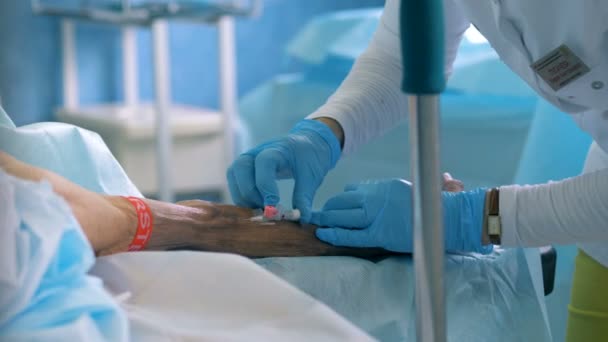 의사는 환자의 정 맥에 바늘을 삽입 — 비디오