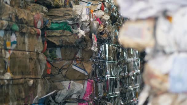 Poubelles pressées dans une usine de recyclage des déchets, gros plan . — Video