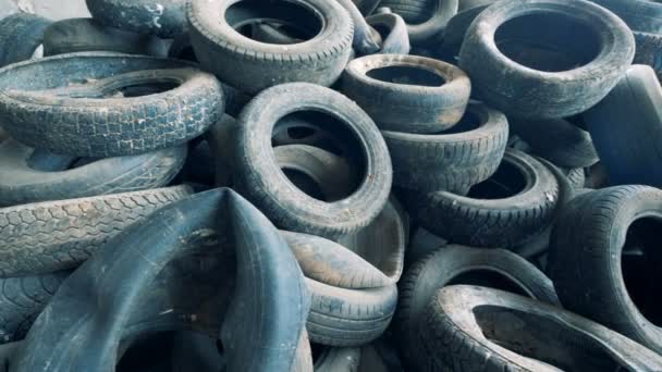 Old tires at a dump, close up. Pile of used tires lays at a special dump. — Stock Video