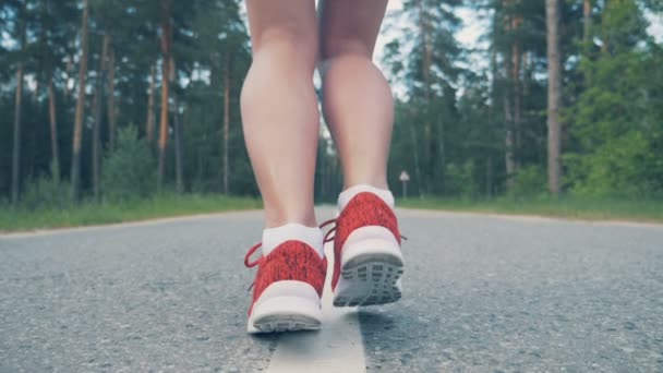 Primer plano de los tobillos femeninos comenzando a correr en cámara lenta. Atleta femenina trotando . — Vídeos de Stock