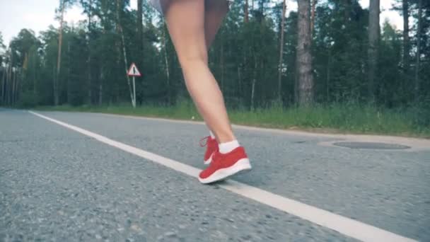 Молода Леді Кросівках Біжить Уздовж Лісового Парку Повільному Русі Відео — стокове відео