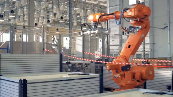 Koncepcja nowoczesnej fabryce przemysłowej. Ramię robotyczne pakowania produktów. — Wideo stockowe