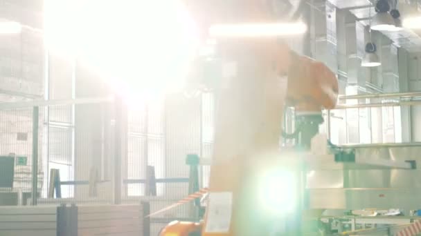 Geautomatiseerde moderne industriële robotarm werkt bij de faciliteit van de fabriek. — Stockvideo