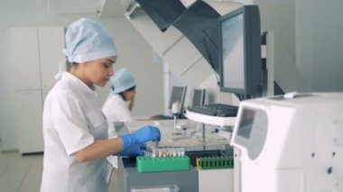 Laboratuvar uzman bir palet test tüpleri Farmakoloji, ilaç fabrikası ile doldurma.