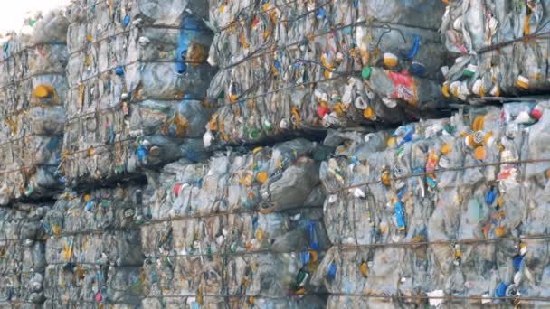 Несколько блоков пластикового мусора, хранящегося на открытом воздухе. Концепция переработки отходов . — стоковое видео