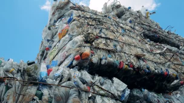 Afval van plastic materiaal in een dumping site voor verdere recycling. 4k. — Stockvideo