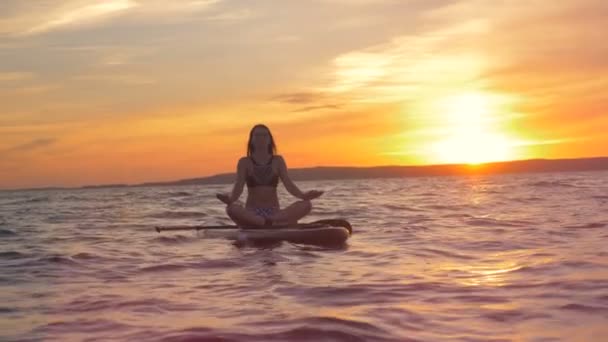 로터스 포즈에서 우아한 숙 녀는 그녀의 paddleboard에 부동. 건강 한 활성 여자 relaxating. — 비디오