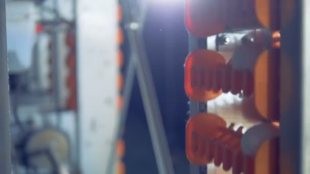 Industriella systemet transportera mekanismer med spår för ägg — Stockvideo