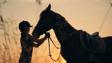 İnsan ve hayvan sevgi kavramı. Bir binici ve at üstünde bir gün batımı arka plan, yan görünüm.