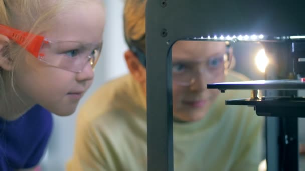 Двоє схвильованих дітей спостерігають за науковим експериментом з інтересом — стокове відео