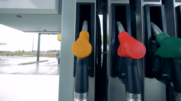 Fuel nose units, close up. Pumps at unbranded gas station. — Stock Video