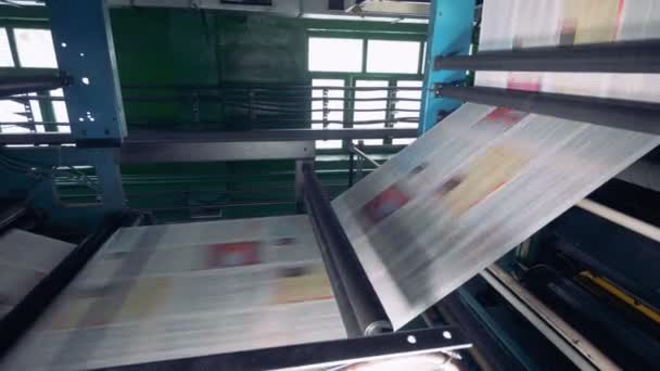 Frisch gedruckte Zeitung, Zeitschriften auf einer Linie in einer Druckerei. — Stockvideo