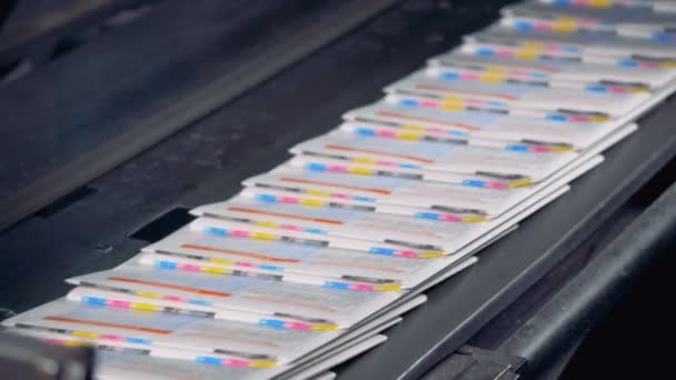 Muitas folhas de jornal em um transportador, perto. Equipamento da casa de impressão . — Vídeo de Stock
