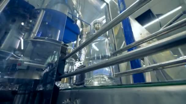 Flessen met doppen op een transportband. Automatische fabriek apparatuur. — Stockvideo