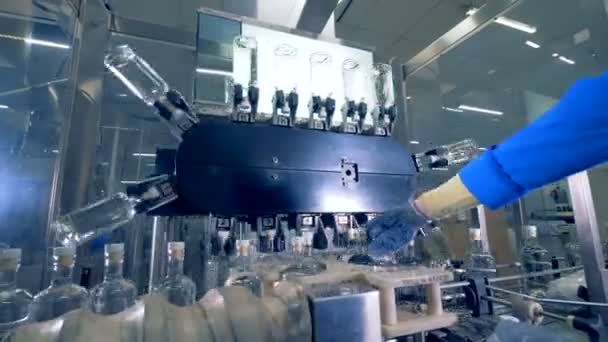 Botol pada conveyor khusus, tutup. Peralatan pabrik otomatis . — Stok Video