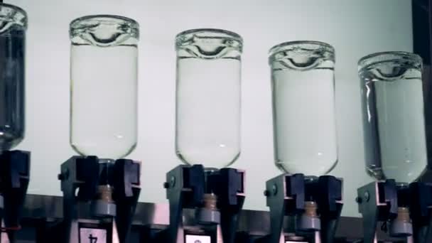Kvalitetskontroll av flaskor på en fabrik, närbild. — Stockvideo